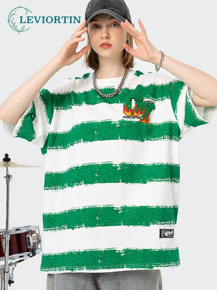 

Футболка Amekaji мужская с коротким рукавом, базовая Свободная рубашка в полоску, с вышивкой пламени, уличная мода, лето