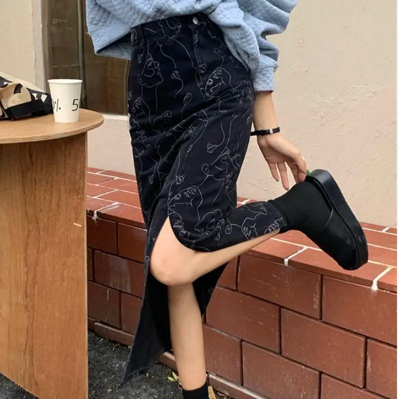 

Black long denim skirt women 2021 fall fashion high-waisted slit skirt women Korean mini skirt bottoms