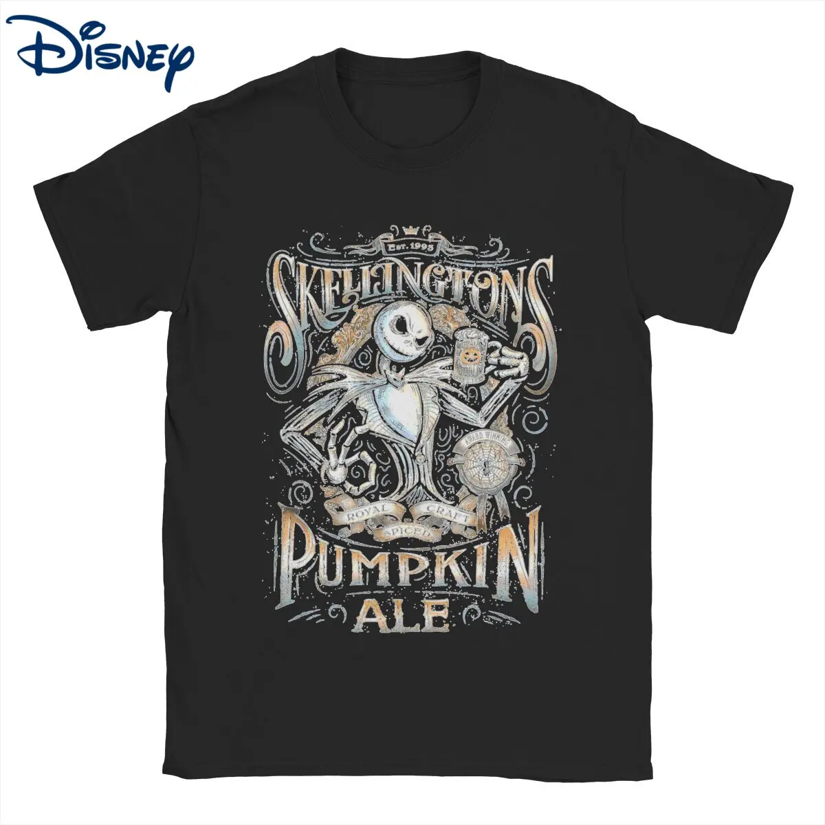 

Disney Nightmare Before Christmas Skellingtons Pumpkin T-Shirt Men Round Pure Cotton T Shirts Short Sleeve Tees Printed Clothing