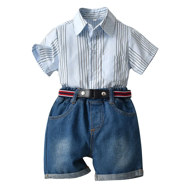 

Baby Boy Clothes Summer Gentleman Suits Kids Cotton Short Sleeve Shirt + Belt Denim Shorts 2pcs Set Children's Casual Clothing