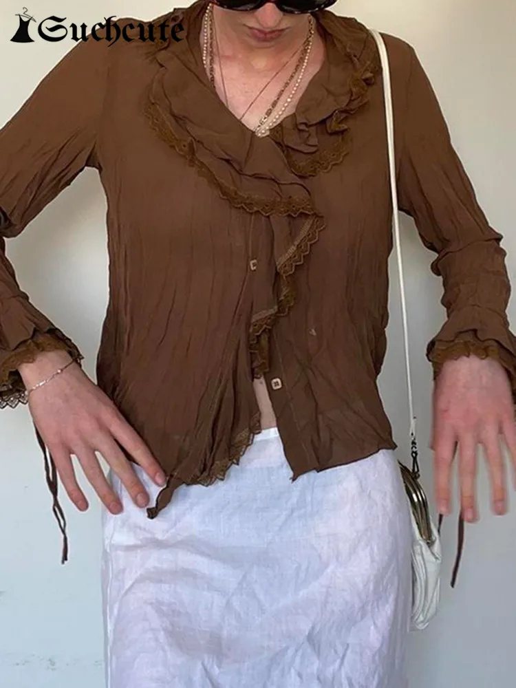 

SUCHCUTE Solid Ruffles Women's T-Shirts Long Flare Sleeve Knitted Cardigan Grunge Streetwear V Neck Slim Brown Crop Tops Summer