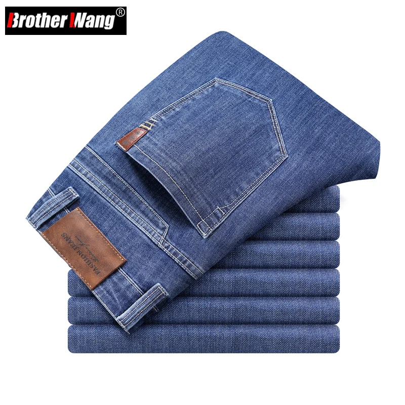 

Men's Blue Regular Fit Thin Jeans 2022 Spring and Summer New Business Fashion Stretch Slim-Fit Denim Pants Male Brand Trousers