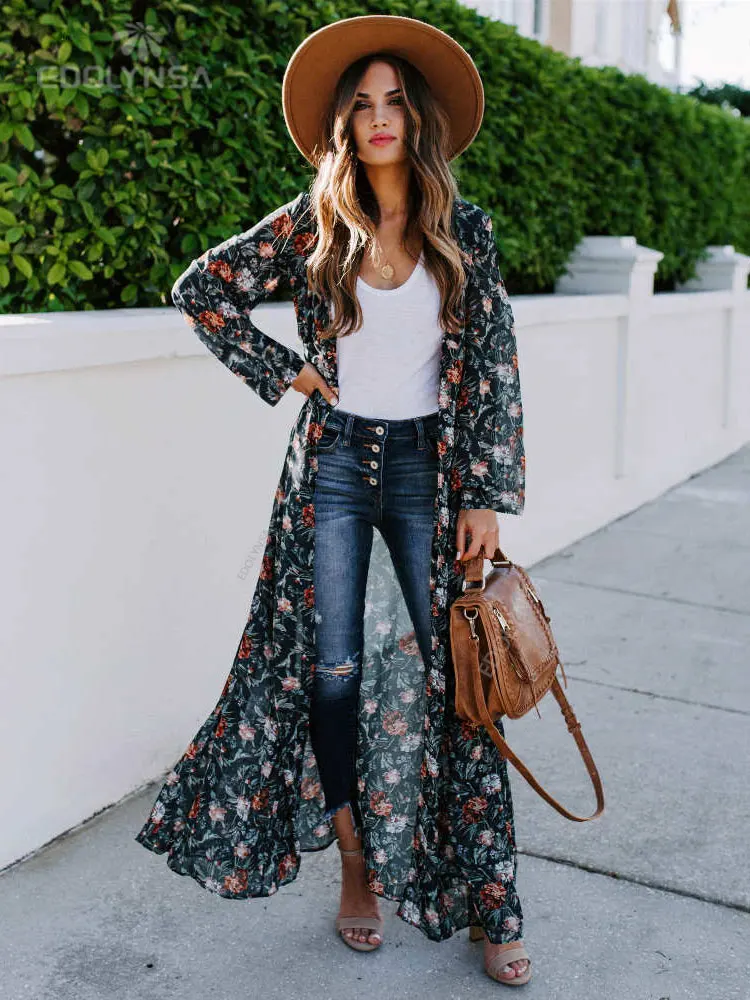 Винтажное длинное кимоно с цветочным принтом элегантная уличная одежда 2023