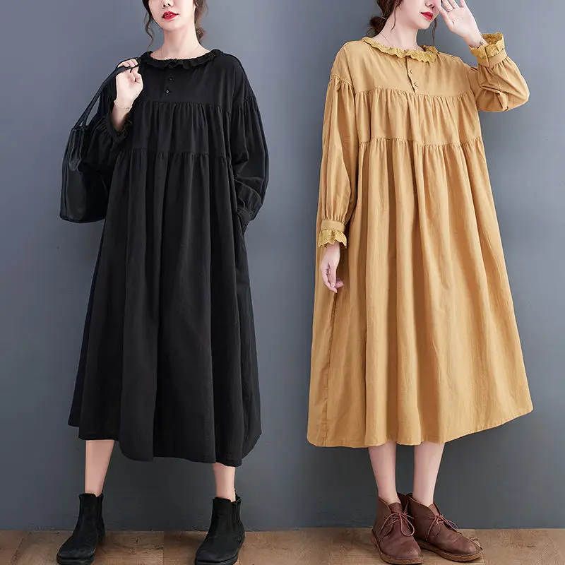 

Early Autumn Dress Long Sleeve Large Size Robe Linen High-Quality Lace Collar Mid-Length Dress Women Casual Loose Clothing T226