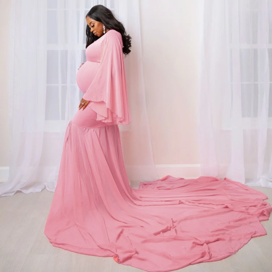 Enlarge Maternity Dresses for Photo Shoot  Pregnancy  Baby Shower V-neck Long Sleeve Loose Extended Skirt Tail Sleeved Chiffon  Pink
