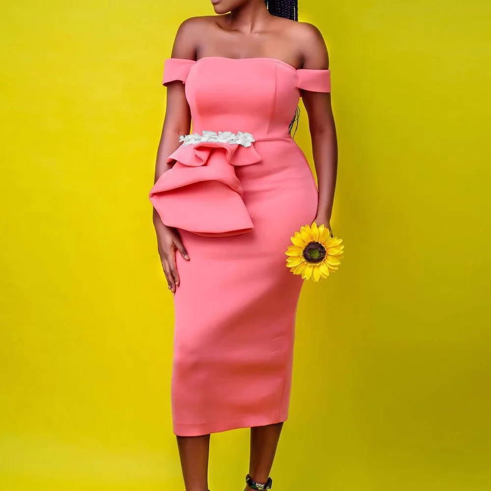 

Elegant Evening Party Dresses for Women Off the Shoulder Ruffles Bodycon High Waisted Mid Calf Fashion Birthday Wedding Dress