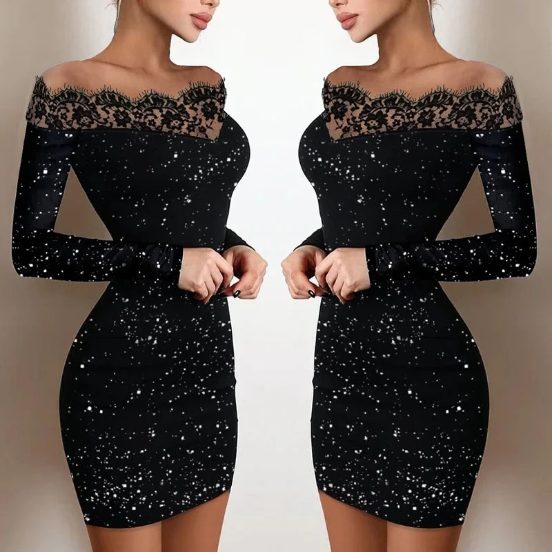 

Summer Off Shoulder Splicing Lace Dress Sexy Slim-Fit Bright Silk Bag Hip Black Dress Fashion Elegant Women New Mini Party Dress