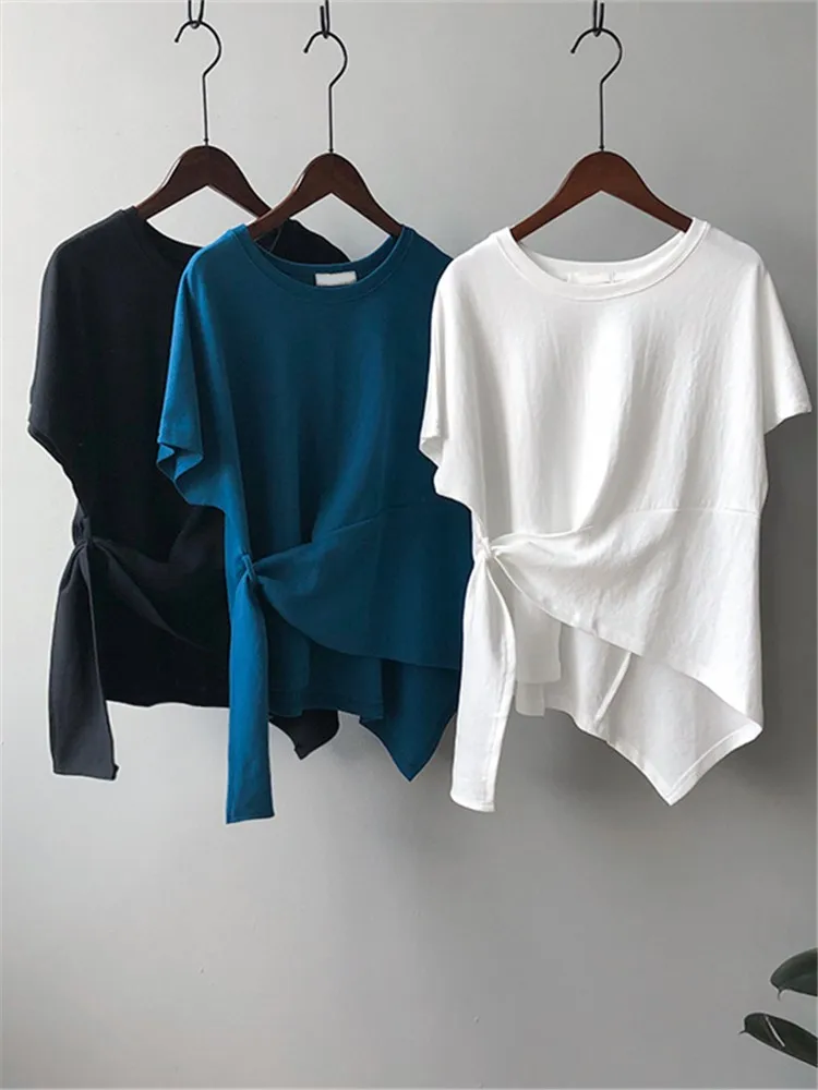 

2022 Summer Fashion Loose Simple Sweet Solid Color Design Cotton T-shirts for Women Short Sleeve Casual Tee Shirt Girls Tops