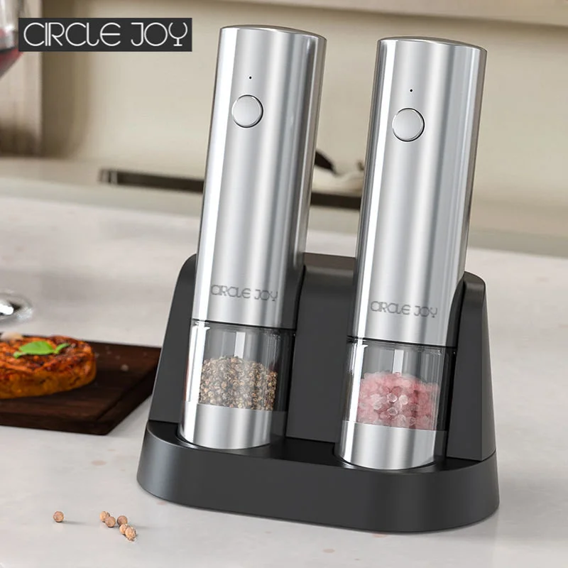 Circle Joy Rechargeable Electric Salt Pepper Grinder Set with Base Stainless Steel Automatic Salt Spice Grinder Pepper Mill Suit