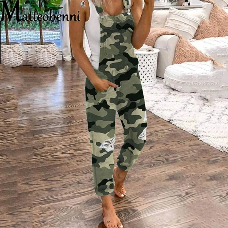 2022 Women's Fashion Pocket Decor Ripped Denim Bib Casual Overalls One Piece Skinny Leg Distressed Jeans Jumpsuits Summer Wear