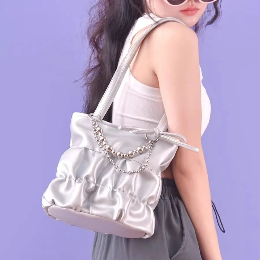 

Y2k Shoulder Bag Luxury Designer Silver Beaded Pleated Bow Knot Bucket Bag Women's Shoulder Bag Sweet Cool Fashion Underarm Bag