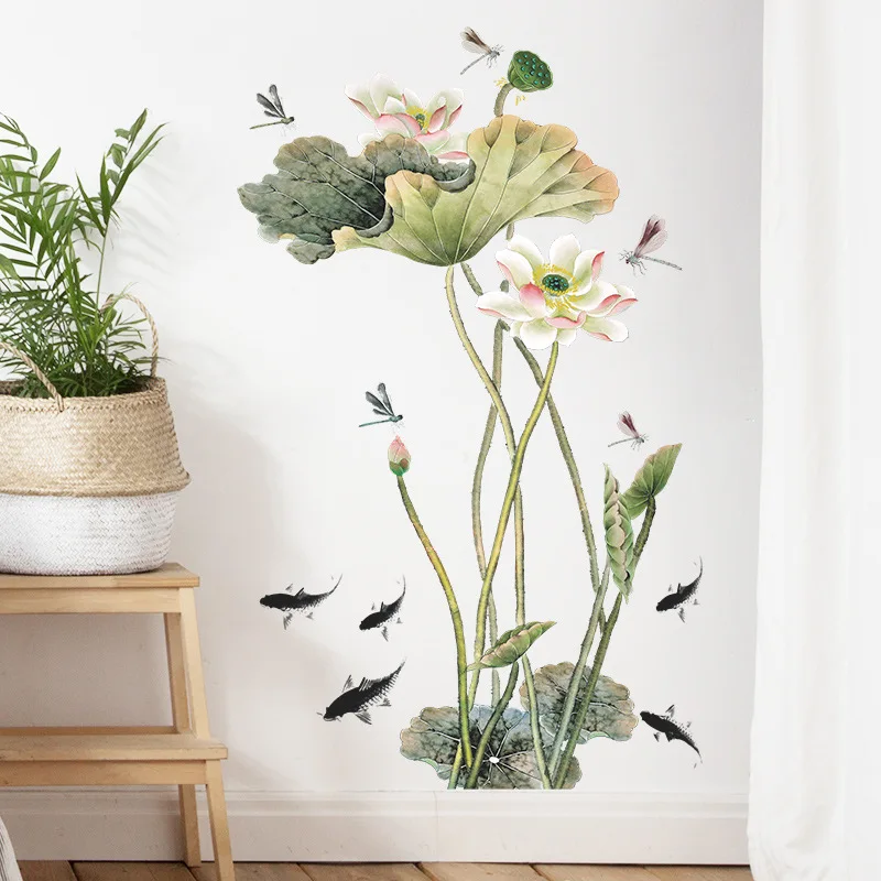 

Китайский стиль, наклейка на стену с изображением рыбы лотоса, спальни, гостиной, фон для украшения дома, настенная роспись, входные обои, съемные наклейки