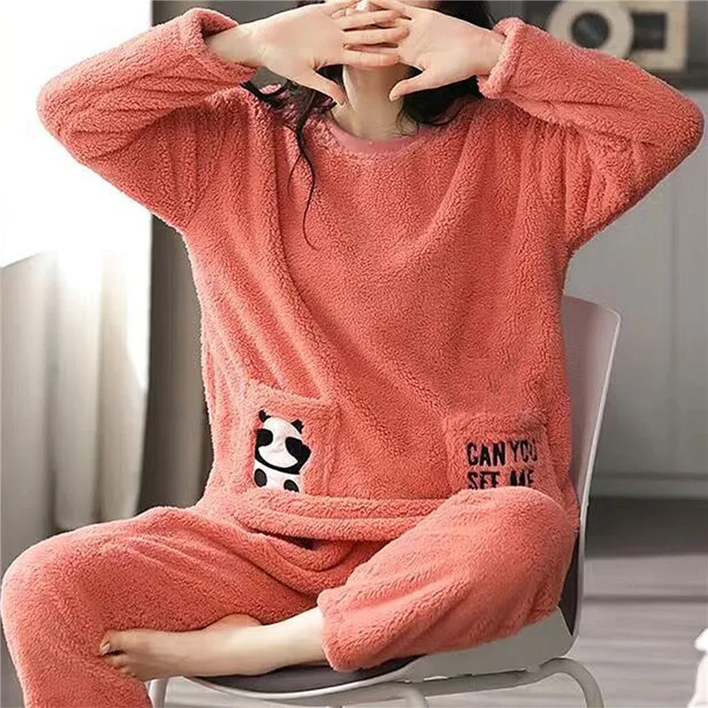 Free Shipping Winter Thickened Warm Woolen Pajamas Set Women'S Long Sleeved Cute Flannel Cartoon Home Clothes Suit