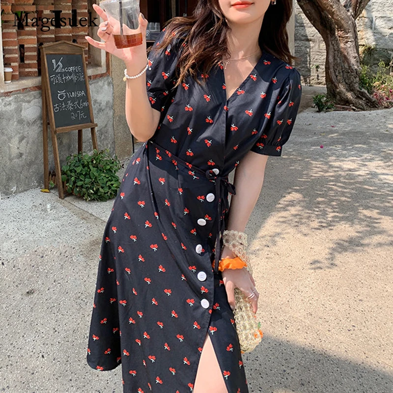 

Женское Цветочное платье с коротким рукавом, Длинное Элегантное платье-трапеция с высокой талией и V-образным вырезом, лето 15102