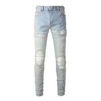 New Arrivals Men's Light Blue Ripped Streetwear Distressed Skinny Stretch Destroyed Tie Dye Bandana Ribs Patches Slim Fit Jeans