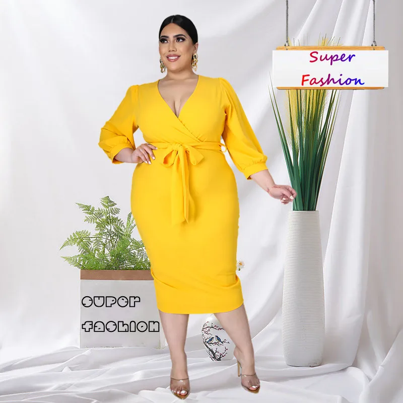 

XL-4XL Somoshein Women Summer Clothing 2022 Casual Elegant Solid Color V Neck Bandage Plus Size Dresses Dropshipping Wholesale