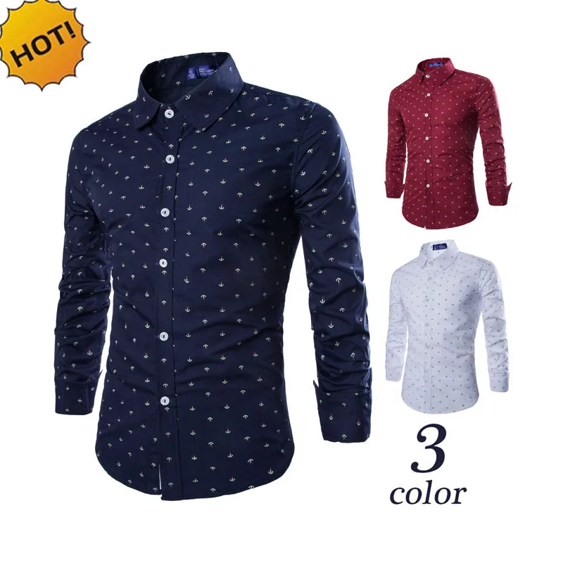 NEW 2022 Spring Autumn Brand Clothing Camisa Masculina Joker Men Leisure Dress Shirt Anchor Printing Long Sleeve Shirts M-3XL