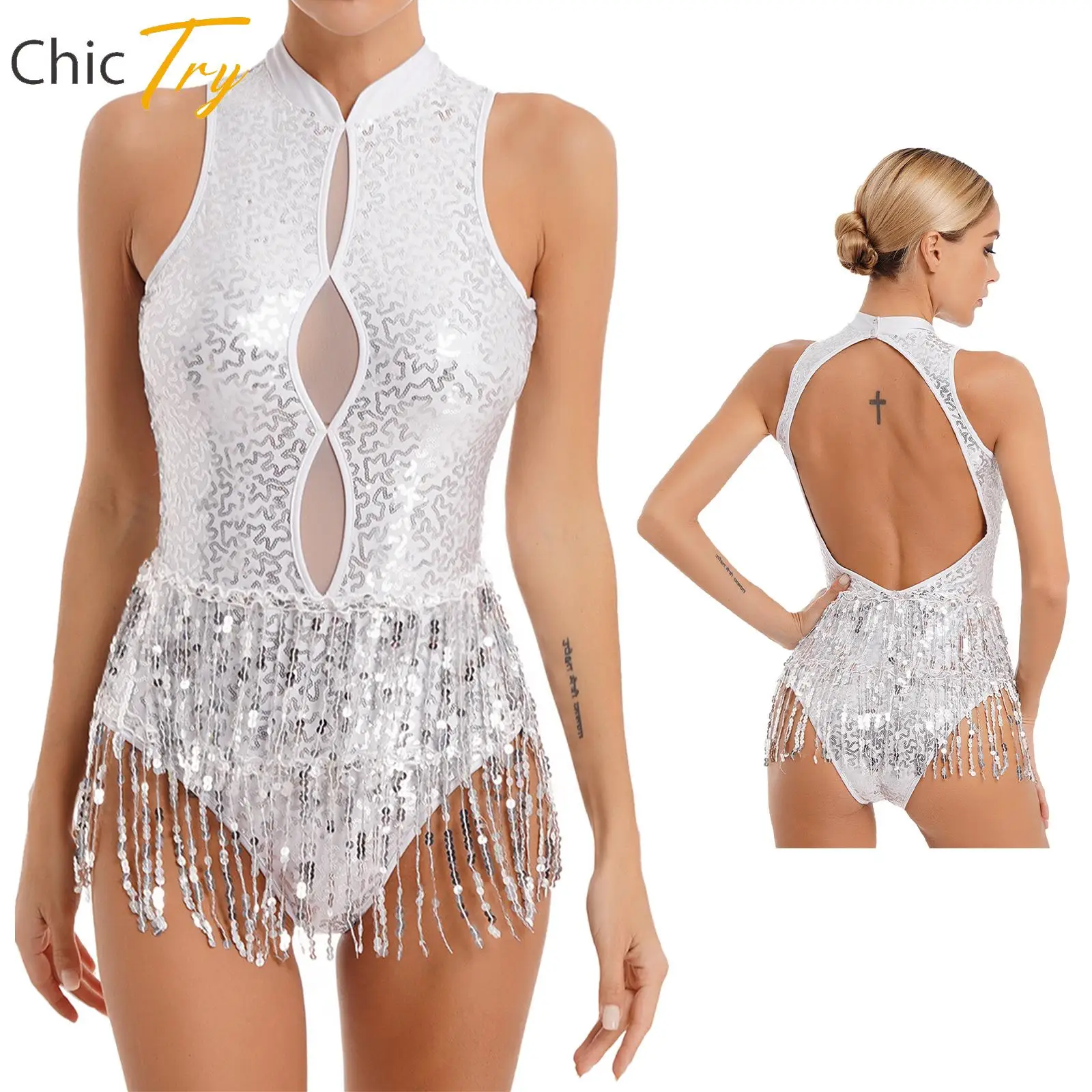 

Womens Ballet Latin Leotard Glitter Sequins Tassel Leotard Keyhole Backless Fringed Bodysuit Dance Performance Costume
