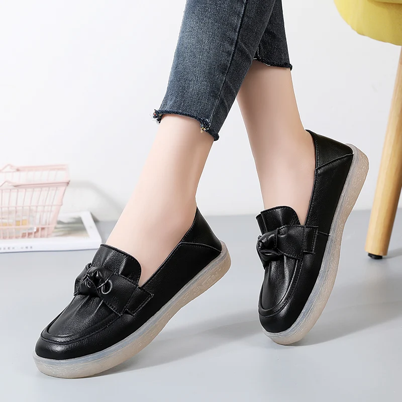 2023 New Women Casual Shoes Genuine Leather Loafers Rubber High Quality Woman Flats Non-slip Female Slip-on Boat Shoes Moccasins
