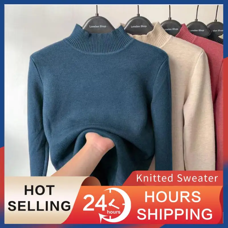

Женский вязаный свитер, винтажная водолазка, Зимние Повседневные пуловеры, однотонная плотная теплая Модная бархатная Базовая облегающая трикотажная одежда