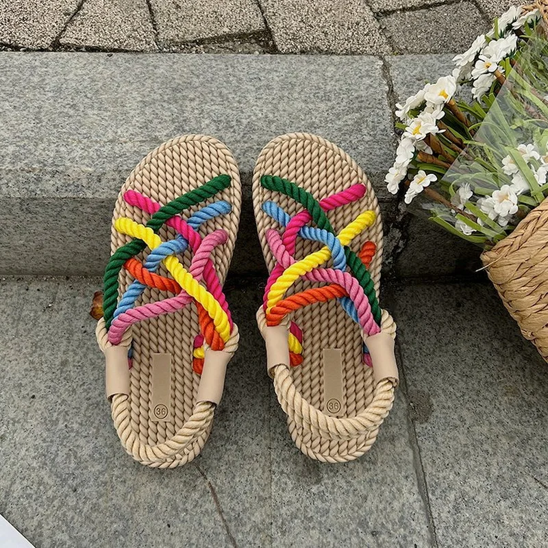 Новинка женские льняные сандалии FHC на плоской подошве летние с плетеным шнурком