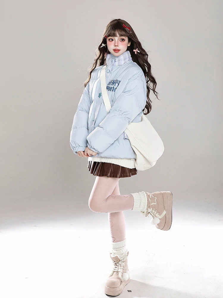 Корейская милая вышитая буквенная клетчатая куртка с воротником-стойкой