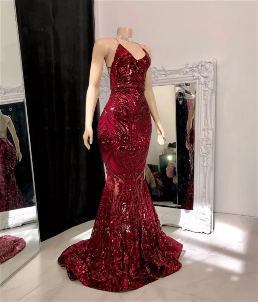 

Burgundy South African Prom Dresses Mermaid Spaghetti Straps Sequins Black Girls Nigeria Robe De Soiree Evening Dresses Gown
