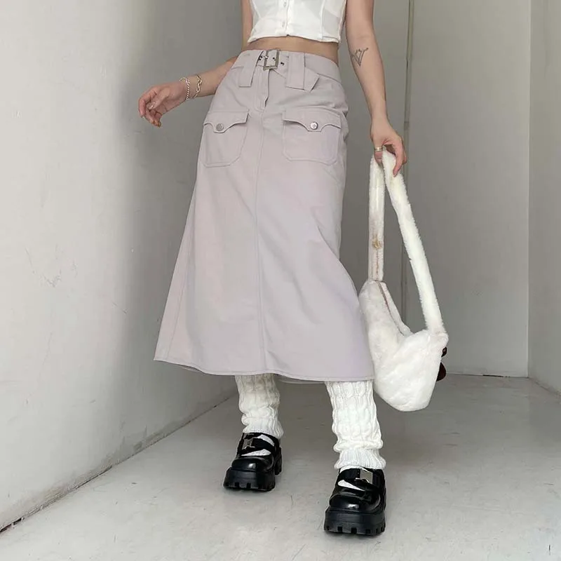 

Preppy Vintage Cargo Long Skirt With Sashes Harajuku Grunge Low Waist Split Skirt Pockets Y2K Aesthetic Retro Bottoms Streetwear