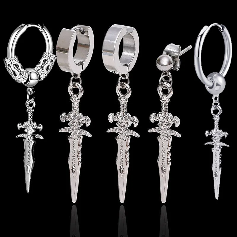 

1Pair Stainless Steel Vintage Cool Sword Earrings Female Punk Ear Hoops For Womens Mens Jewelry Long Unique Dangle Drop Earrings