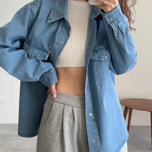 BL9350 New 2023 Casual Fashionable Denim Shirts Jean Pockets Korean Style Minimalist Autumn Winter Womens Blouses Lady Tops