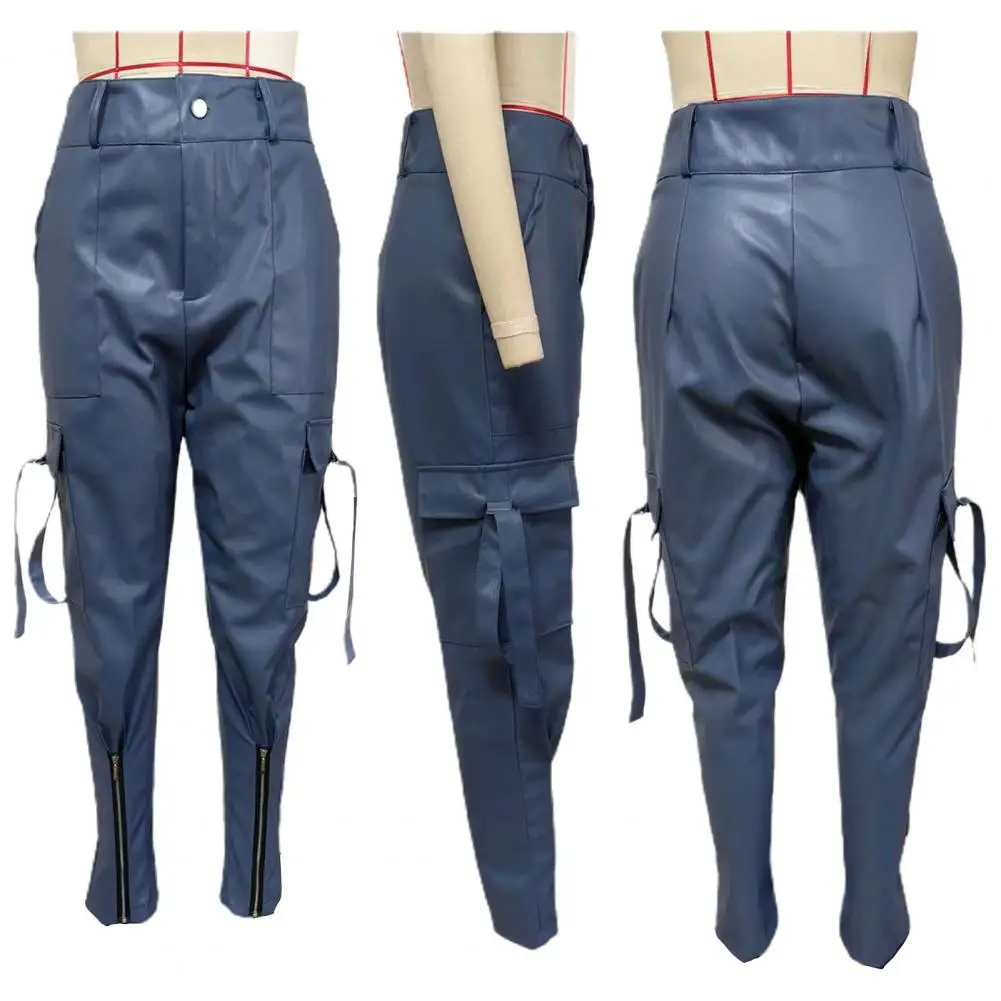 

High Waist Slim Fit Pants Stylish Women's Faux Leather Pencil Pants High Waist Slim Fit Multi Pockets Trendy Trousers for A Chic