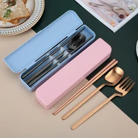 new 4pcs stainless steel cutlery set with box portable chopsticks spoon fork childrens school tableware home kitchen utensils