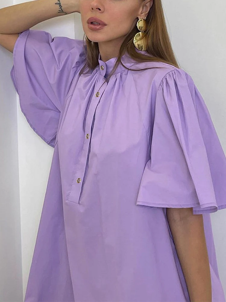 

2022 Spring Stand Collar Button Women Shirt Dress Sexy Solid Petal Sleeve Pleated Party Dress Summer Loose Straight Office Dress