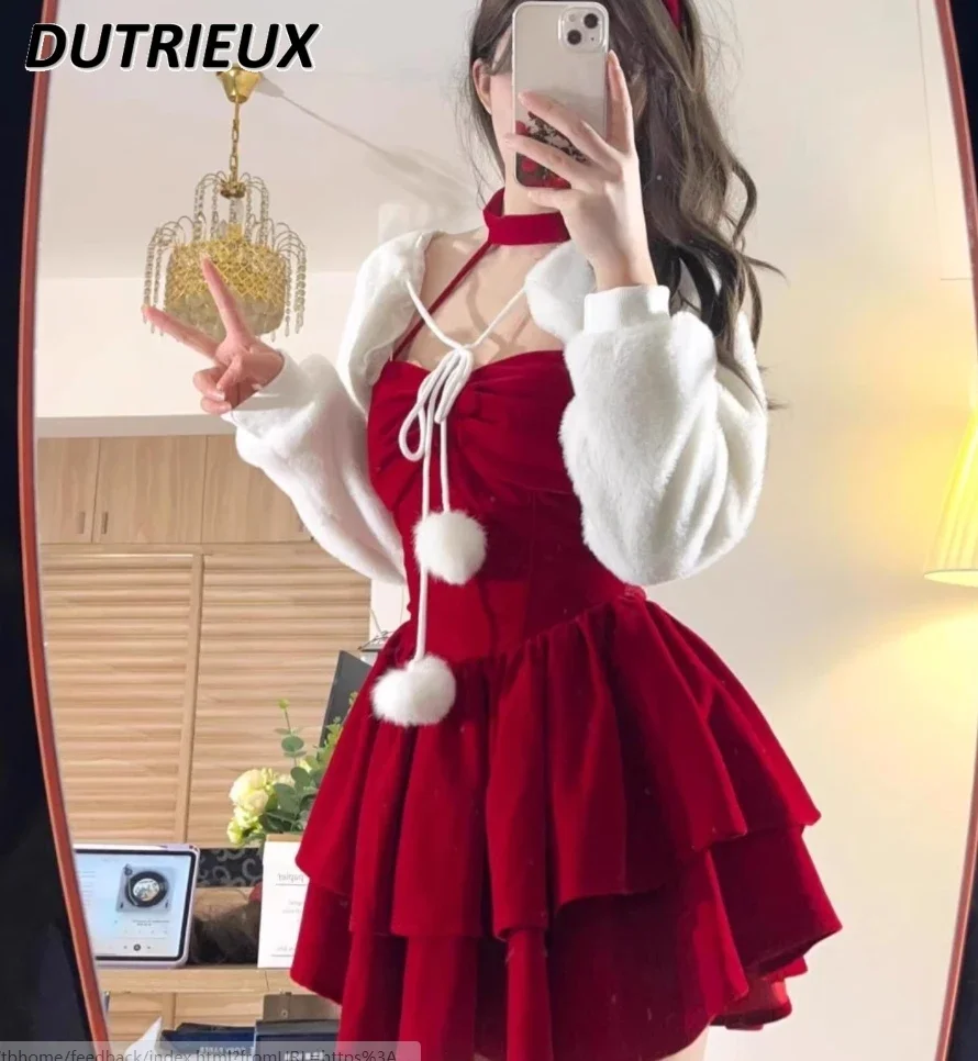 Осенне-зимние рождественские элегантные наряды платья с бретелькой на шее милое