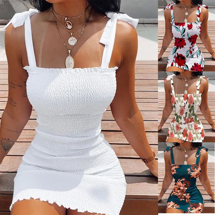 

2022 Summer New Print Lace up Short Skirt Slim Sexy Pleated Dress Women
