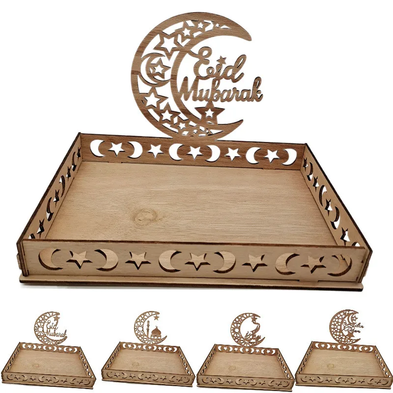 

Wood Tray Wooden Artistic Moon Eid Mubarak Party Food Serving Tableware Tray Holder Ramadan Table Crescent Tray Decoration