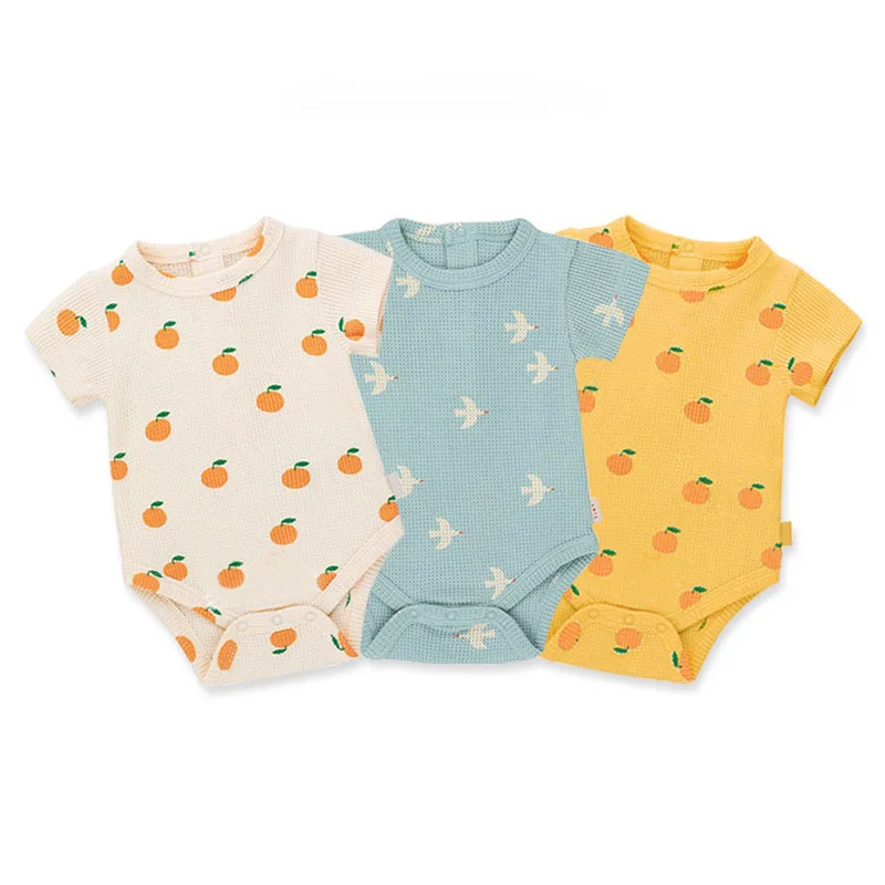 

MILANCEL 2022 Summer New Baby Clothes Toddler Printed Crew Neck Short Sleeve Waffle Bodysuit Infant One Piece