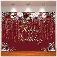Happy Birthday Party Photography Backdrop Burgundy Red Flowers Golden Glitter Floral Background Women Lady Girl Cake Table Decor