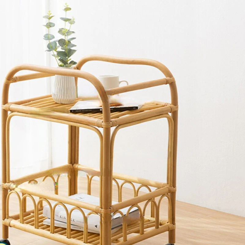 

Rattan Small Hand Push Dining Car Storage Rack Bedroom Wheel Living Room Table Corner Cabinet Multi-Tier Movable Bedside