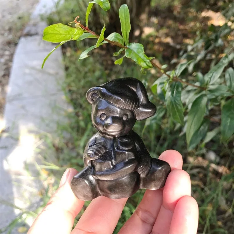 

6.3cm Natural Silver Obsidian Crystal Christmas Bear Carving Polished Quartz Healing Stones Gemstones Home Decoration 1pcs