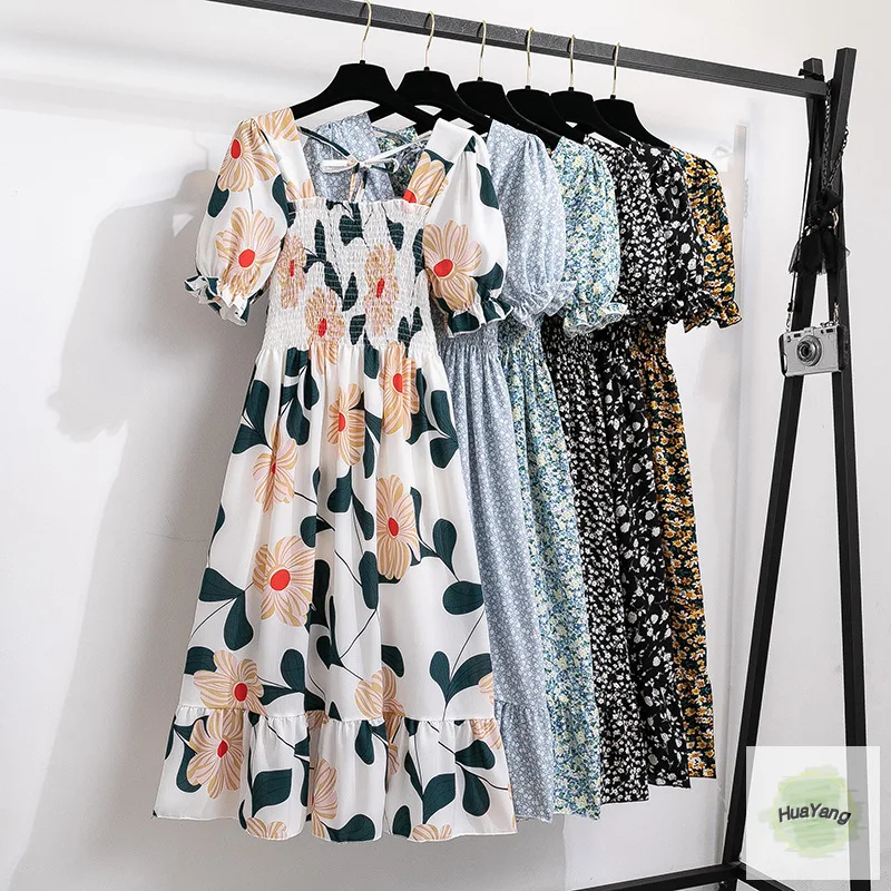 

White Chiffon Floral Women's Summer Dress 2023 Casual Square Collar Short Sleeve A-line Slim Midi Dresses For Women Vestidos
