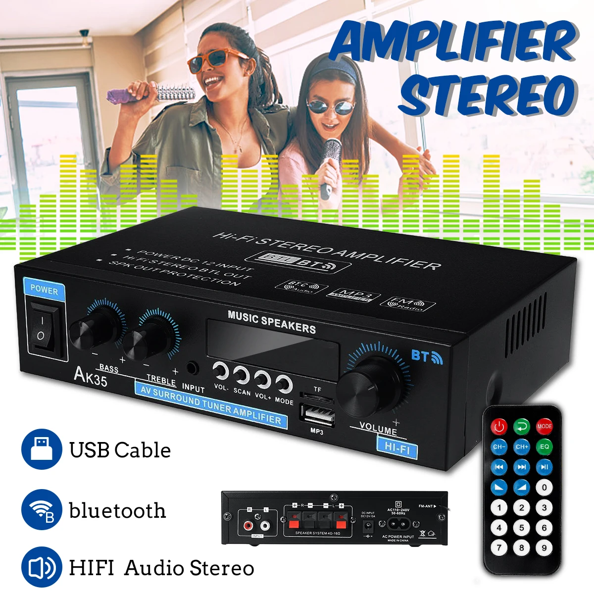 

110V/220V 400W+400W Mini 2.0 Channel Digital Amplifier bluetooth 5.0 Receiver USB Music Player Stereo Home/Car/Marine Audio Amp