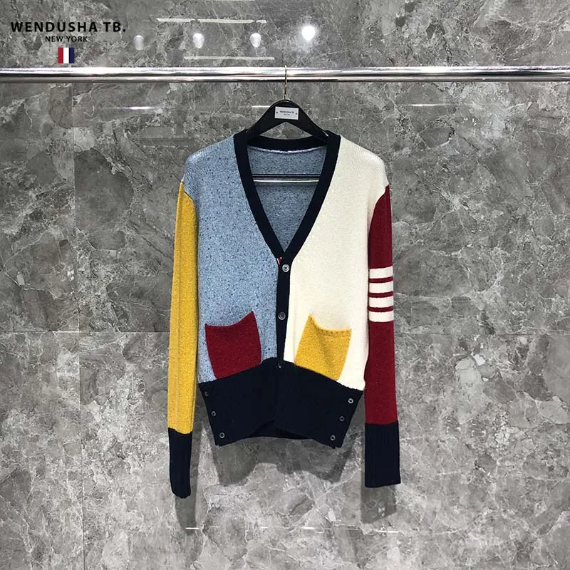

TB Knitted Sweater with Wool Cardigan for Men and Women In Winter Korean Four Bar Color Blocking V-neck Sweater Short Coat Trend