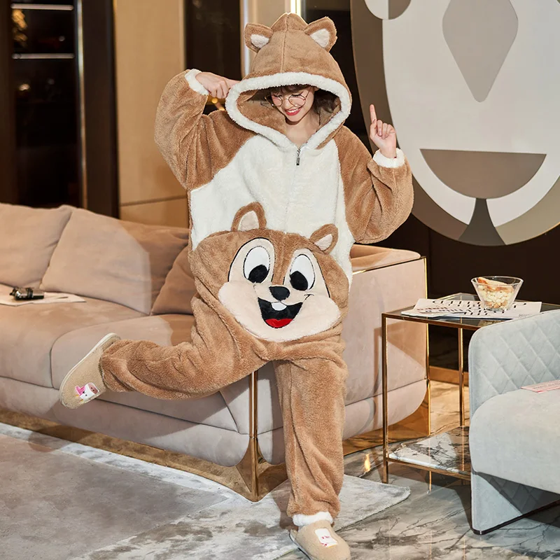 Winter Couple Pajamas Jumpsuits Onesie  Women Men Warm Thicken Cartoon Squirrel Sleepwear One-Pieces Lovers Pyjamas Hoodie Suit