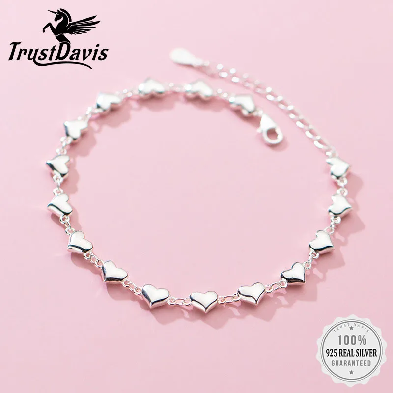 

TrustDavis Heart Bracelet 925 Sterling Silver Romantic Heart Chain Bracelet for Women Wife's Birthday Gift Fine Jewelry DE0058