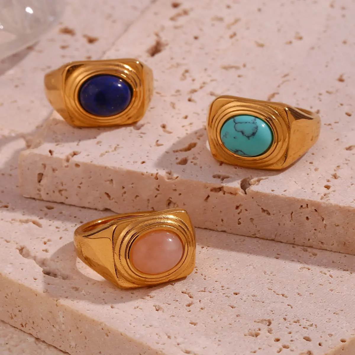 

Stainless Steel Screw Thread Oval Natural Stone Ring for Women Waterproof Gold Plated Jewelry Gift