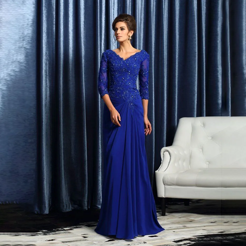 

Синее платье для матери, ТРАПЕЦИЕВИДНОЕ шифоновое платье для выпускного вечера с V-образным вырезом и рукавом три четверти, кружевное платье с аппликацией и бисером