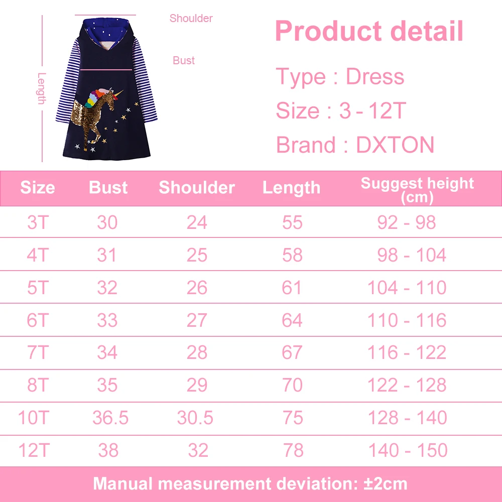 DXTON Girls Hoodies Dress Autumn Spring Kids Thick Warm Hooded Vestidos Long Sleeve Unicorn Sequins Dresses Kids Cartoon Clothes