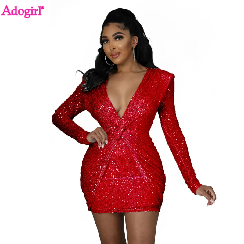 

Adogirl 2022 рождественское мини-платье Вечерние блестками, женское сексуальное платье с глубоким V-образным вырезом и длинным рукавом, приталенное ночное Клубное платье
