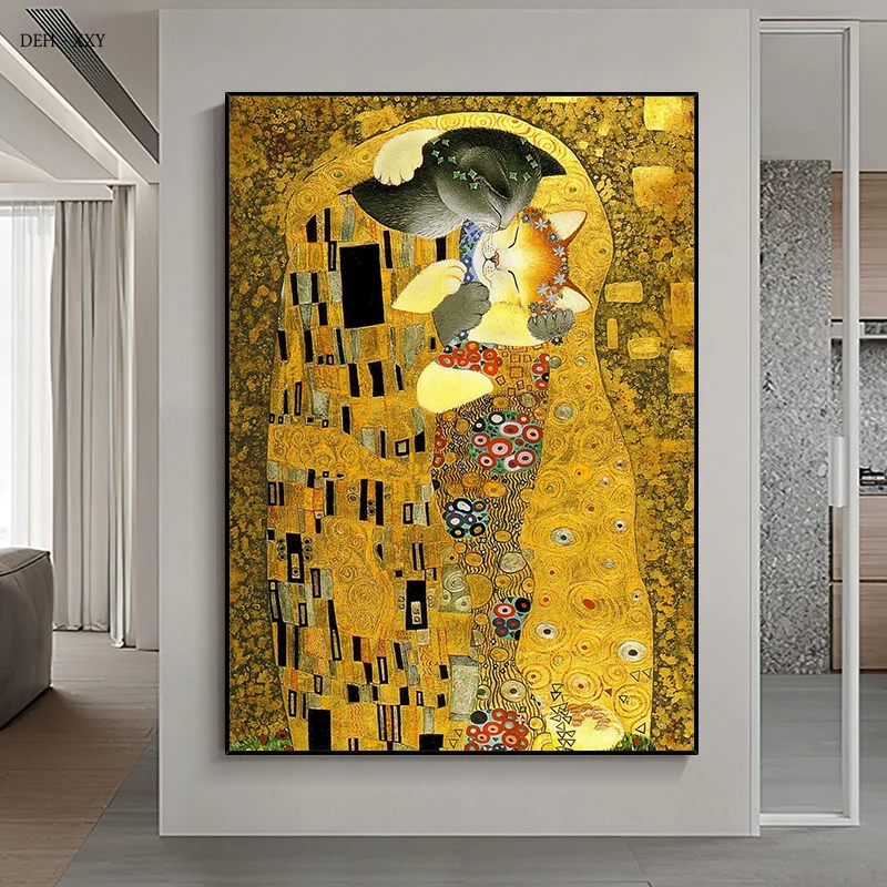 

The Kiss By Gustav Klimt Creativity Art Canvas Painting Lover Two Cats Kissing Poster Abstract Wall Art Pictures Room Home Decor